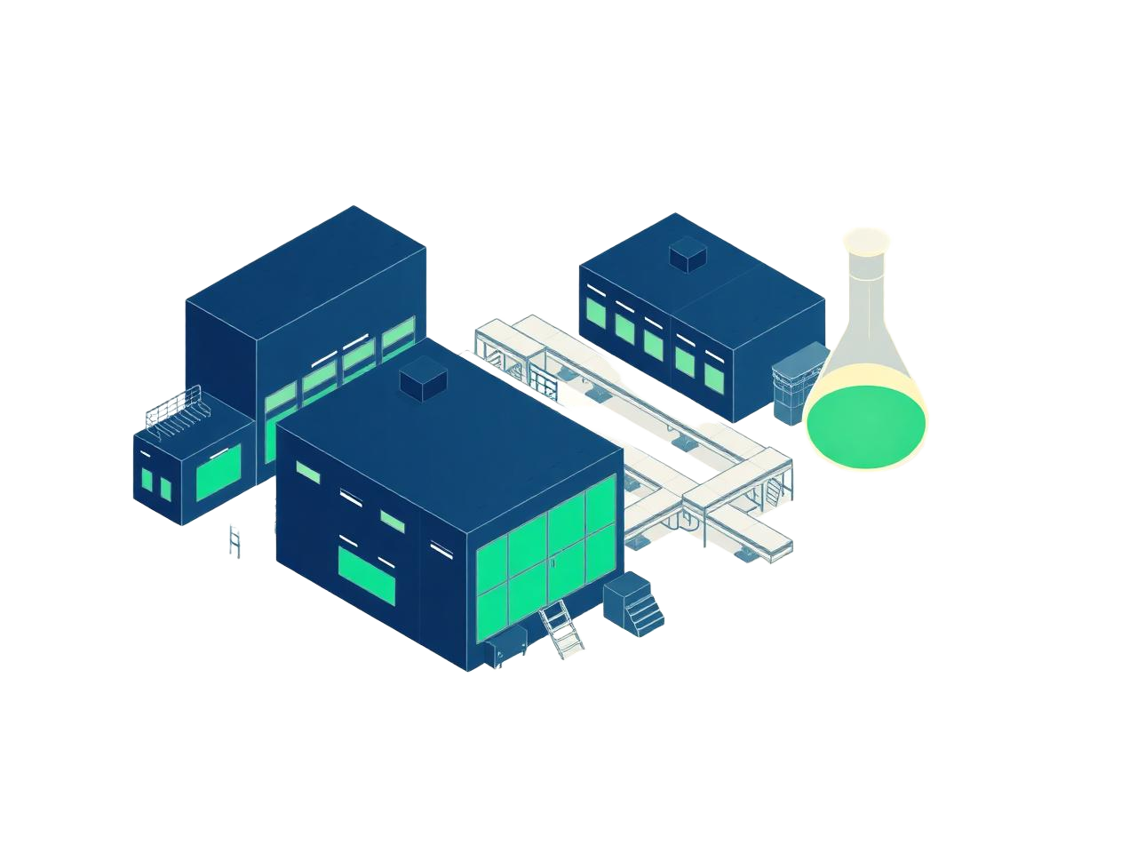 Isometric illustration of the Newton Laboratories manufacturing facility